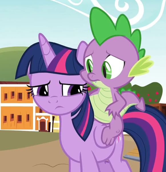 Size: 594x613 | Tagged: safe, derpibooru import, screencap, spike, twilight sparkle, twilight sparkle (alicorn), alicorn, dragon, pony, the last problem, leak, claws, cropped, female, male, mare, sad, tail, winged spike