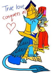 Size: 1000x1400 | Tagged: artist:horsesplease, behaving like a rooster, crowing, crown, derpibooru import, emperor, empress, female, gabbus, gabby, gallus, gallus the rooster, helmet, jewelry, king gallus, male, queen gabby, rabydosverse, regalia, robes, safe, shipping, straight, vozonid
