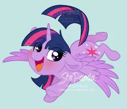 Size: 743x636 | Tagged: safe, artist:stepandy, derpibooru import, twilight sparkle, twilight sparkle (alicorn), alicorn, pony, blushing, cute, eye clipping through hair, eyebrows visible through hair, female, floppy ears, flying, happy, looking at you, mare, obtrusive watermark, solo, twiabetes, watermark