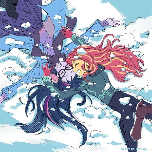 Size: 1100x1100 | Tagged: safe, artist:5mmumm5, derpibooru import, sci-twi, sunset shimmer, twilight sparkle, equestria girls, clothes, eyes closed, female, lesbian, scitwishimmer, shipping, snow, sunsetsparkle, winter, winter outfit