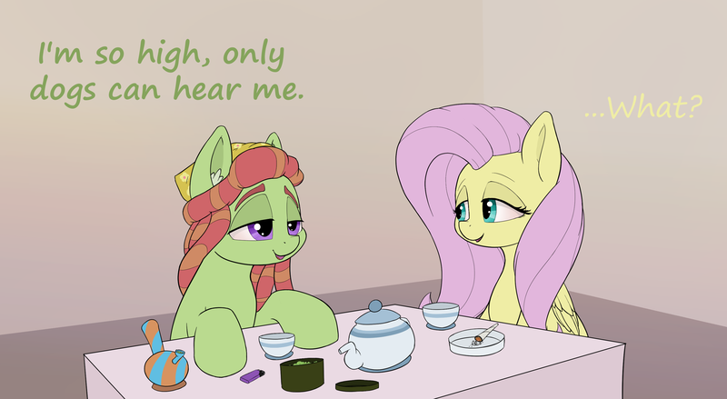 Size: 3025x1660 | Tagged: safe, artist:whiskeypanda, derpibooru import, fluttershy, tree hugger, pony, bong, cup, dialogue, drawthread, drug use, drugs, female, flutterhigh, flutterjoint, food, high, inside, joint, lighter, marijuana, tea, teacup, text, tree stoner