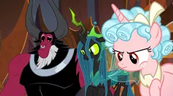 Size: 845x469 | Tagged: safe, derpibooru import, screencap, cozy glow, lord tirek, queen chrysalis, alicorn, centaur, changeling, changeling queen, pony, the ending of the end, alicornified, confused, cozycorn, evil lair, female, filly, former queen chrysalis, grogar's lair, lair, male, nose piercing, nose ring, piercing, race swap, ultimate chrysalis