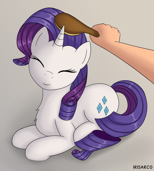 Size: 4489x5000 | Tagged: safe, artist:irisarco, derpibooru import, rarity, human, pony, unicorn, brush, brushing, chest fluff, cute, eyes closed, female, hand, mane brushing, mare, offscreen character, offscreen human, pov, prone, raribetes, simple background, smiling, solo