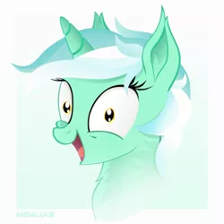 Size: 1500x1500 | Tagged: safe, artist:andaluce, derpibooru import, lyra heartstrings, pony, unicorn, bust, excited, female, gradient background, happy, irrational exuberance, looking at you, mare, neck fluff, open mouth, portrait, smiling, solo, wide eyes