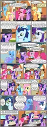 Size: 600x1592 | Tagged: safe, artist:dragontrainer13, artist:newbiespud, derpibooru import, edit, edited screencap, screencap, applejack, fluttershy, pinkie pie, rainbow dash, rarity, shining armor, trixie, twilight sparkle, earth pony, pegasus, pony, unicorn, comic:friendship is dragons, bags under eyes, bubble pipe, cake, cloak, clothes, collaboration, comic, d:, dialogue, eyes closed, female, flying, food, freckles, frown, glowing horn, grin, hat, horn, looking up, magic, male, mane six, mare, open mouth, pipe, raised hoof, screencap comic, smiling, stallion, suspicious, telekinesis, unamused, unicorn twilight, wide eyes