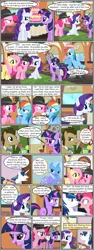 Size: 600x1592 | Tagged: safe, artist:dragontrainer13, artist:newbiespud, derpibooru import, edit, edited screencap, screencap, doctor whooves, fluttershy, pinkie pie, rainbow dash, rarity, shining armor, time turner, trixie, twilight sparkle, earth pony, pegasus, pony, unicorn, comic:friendship is dragons, angry, background pony, bag, bowtie, cake, collaboration, comic, dialogue, drinking, female, flying, food, grin, hair over one eye, hat, looking up, male, mare, nervous, nervous grin, raised hoof, saddle bag, screencap comic, smiling, stallion, suspicious, unicorn twilight