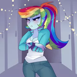 Size: 4000x4000 | Tagged: safe, artist:xjenn9, derpibooru import, rainbow dash, equestria girls, blushing, breasts, cleavage, crossed arms, cute, dashabetes, female, ponytail, solo, tsunderainbow, tsundere