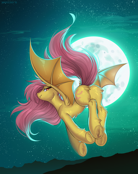 Size: 1000x1259 | Tagged: safe, artist:margony, derpibooru import, fluttershy, bat pony, pony, bat ponified, bedroom eyes, butt, cutie mark, fangs, female, fluffy, flutterbat, flutterbutt, flying, lidded eyes, looking at you, moon, nudity, plot, race swap, smug, solo, spread wings, underhoof, wings