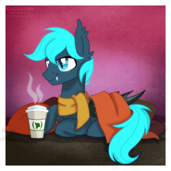 Size: 1024x1024 | Tagged: safe, artist:kazziepones, derpibooru import, oc, oc:guttatus, bat pony, pony, clothes, coffee, male, prone, scarf, solo, stallion