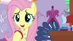 Size: 1920x1080 | Tagged: safe, derpibooru import, screencap, fluttershy, pony, dragon dropped, cute, fabric, pincushion, sewing machine, shyabetes, solo