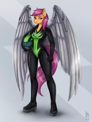 Size: 960x1280 | Tagged: amputee, anthro, artificial wings, artist:belkyr, augmented, bodysuit, clothes, derpibooru import, female, latex, latex suit, looking at you, metal wing, older, older scootaloo, pegasus, plantigrade anthro, prosthetic limb, prosthetics, prosthetic wing, safe, scootaloo, solo, uniform, washouts uniform, wings