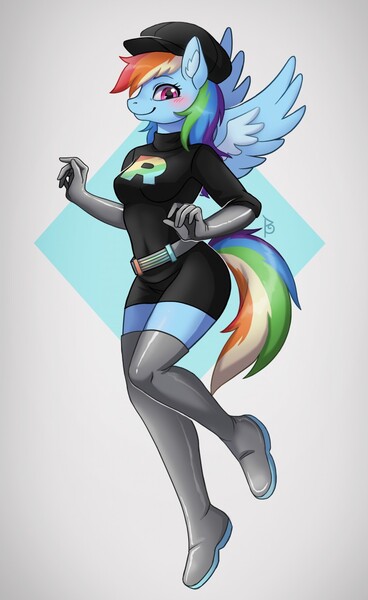 Size: 784x1280 | Tagged: safe, artist:belkyr, derpibooru import, rainbow dash, anthro, pegasus, plantigrade anthro, abstract background, belt, blushing, boots, cap, clothes, crossover, evening gloves, female, gloves, hat, image, jpeg, latex, latex gloves, long gloves, looking at you, pokémon, shoes, solo, spread wings, team rainbow rocket, team rocket, thigh boots, white background, wings