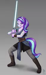 Size: 790x1280 | Tagged: safe, artist:belkyr, derpibooru import, starlight glimmer, anthro, unicorn, clothes, crossover, female, lightsaber, looking at you, rey, solo, star wars, weapon