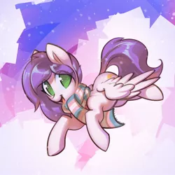 Size: 1600x1600 | Tagged: safe, artist:mirroredsea, derpibooru import, oc, oc:lavender sunrise, unofficial characters only, pegasus, pony, abstract background, clothes, commission, female, flying, green eyes, looking at you, mare, no pupils, open mouth, pride, pride flag, purple mane, scarf, smiling, solo, spread wings, transgender, transgender pride flag, white coat, wings