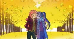 Size: 1300x700 | Tagged: safe, artist:5mmumm5, derpibooru import, sci-twi, sunset shimmer, twilight sparkle, equestria girls, autumn, clothes, cuddling, cute, duo, duo female, female, glasses, jacket, lesbian, ponytail, scarf, scitwishimmer, shipping, smiling, sunsetsparkle