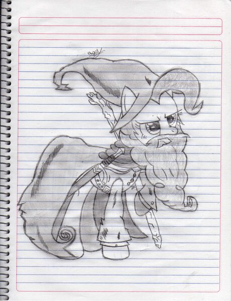 Size: 2346x3063 | Tagged: safe, artist:paperlover, derpibooru import, pinkie pie, earth pony, pony, beard, cape, clothes, crossover, facial hair, female, gandalf, hat, lined paper, lord of the rings, mare, monochrome, pencil drawing, reference, sketch, solo, sword, traditional art, walking stick, weapon