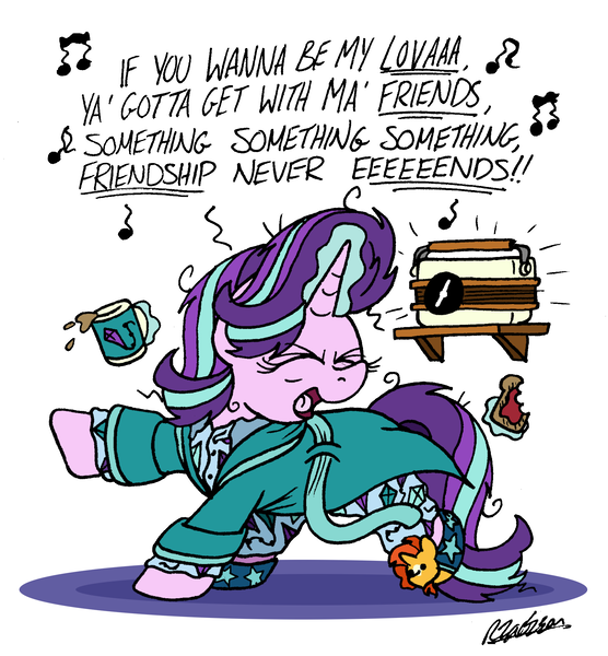 Size: 1832x1976 | Tagged: safe, artist:bobthedalek, derpibooru import, starlight glimmer, sunburst, pony, unicorn, bathrobe, bed mane, bread, breakfast, clothes, dancing, eyes closed, female, food, implied shipping, implied starburst, implied straight, mare, mug, pajamas, radio, robe, singing, slippers, solo, song reference, spice girls, themed slippers, toast, wannabe