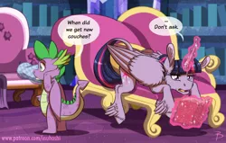 Size: 1800x1147 | Tagged: safe, artist:inuhoshi-to-darkpen, derpibooru import, spike, twilight sparkle, twilight sparkle (alicorn), alicorn, dragon, pony, dragon dropped, ..., book, couch, dialogue, duo, fainting couch, feathered fetlocks, female, glowing horn, horn, levitation, magic, magic aura, male, mare, open mouth, reading, speech bubble, telekinesis, twilight's castle, winged spike