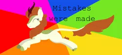 Size: 1438x652 | Tagged: artist:dyonys, autumn blaze, colored hooves, derpibooru import, eyes closed, female, jumping, kirin, lineless, mistakes were made, rainbow background, safe, smiling, solo, text