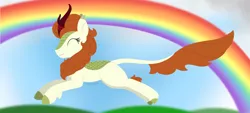 Size: 1438x652 | Tagged: artist:dyonys, autumn blaze, awwtumn blaze, cute, derpibooru import, eyes closed, female, jumping, kirin, lineless, rainbow, safe