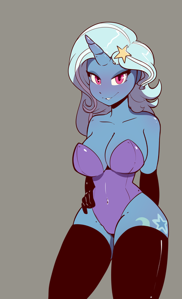 Size: 1632x2685 | Tagged: suggestive, artist:bloodatius, derpibooru import, trixie, anthro, human, unicorn, absolute cleavage, bedroom eyes, big breasts, blushing, breasts, busty trixie, cleavage, clothes, evening gloves, female, gloves, horn, horned humanization, humanized, leotard, long gloves, looking at you, pony coloring, smiling, socks, solo, solo female, thigh highs