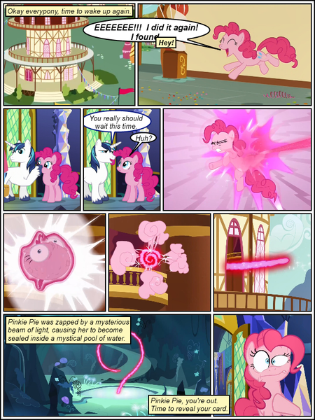 Size: 600x800 | Tagged: safe, artist:dragontrainer13, artist:newbiespud, derpibooru import, edit, edited screencap, screencap, pinkie pie, shining armor, earth pony, pony, unicorn, comic:friendship is dragons, too many pinkie pies, blast, collaboration, comic, dialogue, eyes closed, female, magic, magic beam, magic blast, male, mare, mirror pool, screencap comic, smiling, stallion, unshorn fetlocks