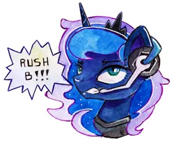 Size: 1024x834 | Tagged: safe, artist:lailyren, artist:moonlight-ki, derpibooru import, princess luna, pony, gamer luna, counter-strike, headset, rush b, signature, simple background, solo, speech bubble, traditional art, white background