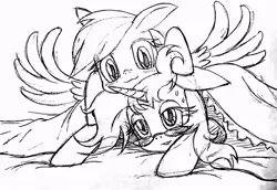 Size: 932x640 | Tagged: suggestive, artist:sonicdramon, derpibooru import, rainbow dash, oc, oc:allout fay, pegasus, pony, :3, blushing, glasses, lidded eyes, monochrome, sheet, smiling, sweat, traditional art