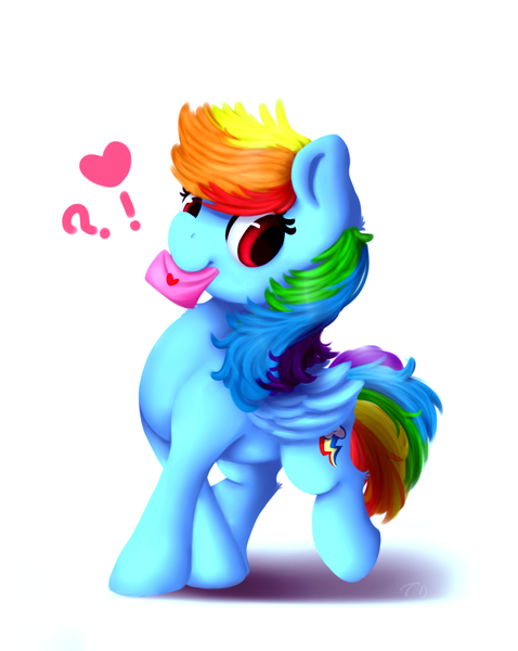 Size: 900x1130 | Tagged: safe, artist:moondreamer16, derpibooru import, rainbow dash, pegasus, pony, cute, dashabetes, envelope, exclamation point, female, heart, interrobang, letter, love letter, mare, mouth hold, question mark, simple background, solo, white background
