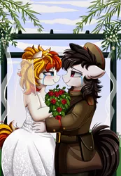 Size: 2343x3395 | Tagged: altenior, anthro, anthro oc, artist:pridark, clothes, couple, crying, derpibooru import, digital art, dress, female, floppy ears, looking at each other, male, mare, marriage, oc, oc:alter ego, oc:commissar junior, safe, smiling, stallion, tears of joy, unofficial characters only, wedding, wedding dress