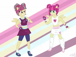 Size: 2048x1536 | Tagged: safe, artist:doodledraws00, derpibooru import, majorette, sour sweet, sweeten sour, equestria girls, friendship games, clothes, crossover, exeron fighters, exeron outfit, midriff, ponied up, pony ears, pony wings, skirt, sports bra