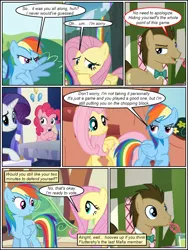 Size: 600x800 | Tagged: safe, artist:dragontrainer13, artist:newbiespud, derpibooru import, edit, edited screencap, screencap, doctor whooves, fluttershy, pinkie pie, rainbow dash, rarity, time turner, earth pony, pegasus, pony, unicorn, comic:friendship is dragons, angry, annoyed, bendy straw, bowtie, collaboration, comic, crossed arms, dialogue, drinking, drinking straw, female, friendship throne, grin, looking back, male, mare, screencap comic, sitting, smiling, stallion