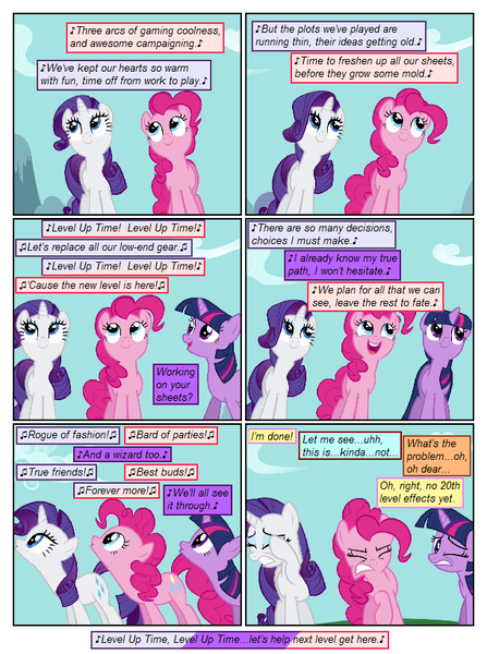 Size: 612x822 | Tagged: safe, artist:newbiespud, artist:winged cat, derpibooru import, edit, edited screencap, screencap, pinkie pie, rarity, twilight sparkle, earth pony, pony, unicorn, comic:friendship is dragons, collaboration, comic, dancing, dialogue, female, implied applejack, implied fluttershy, implied mane six, implied rainbow dash, looking up, mare, music notes, one eye closed, raised hoof, screencap comic, singing, smiling, unicorn twilight, wince, wink