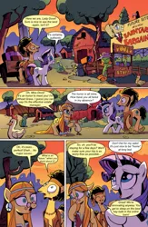 Size: 651x1000 | Tagged: safe, artist:andypriceart, derpibooru import, edit, idw, filthy rich, flax seed, rarity, wheat grass, bird, blue jay, chicken, earth pony, pony, unicorn, comic:friendship is dragons, spoiler:comic, background pony, barnyard bargains, comic, dialogue, female, flax seed looks at stuff, glasses, grin, hat, looking up, male, mare, necktie, nervous, peace symbol, sign, smiley face, smiling, stallion, text edit, yin-yang