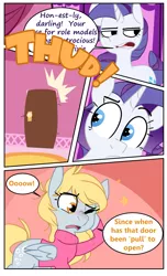 Size: 1167x1920 | Tagged: safe, artist:kryptchild, derpibooru import, derpy hooves, rarity, snails, pegasus, pony, unicorn, ask glitter shell, comic:when aero met glitter, aero replies, carousel boutique, clothes, comic, dialogue, door, glitter shell, implied snails, implied trixie, pain star, slapstick, sweater