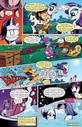 Size: 651x1000 | Tagged: safe, artist:andypriceart, derpibooru import, edit, idw, flax seed, rarity, bee, bird, chicken, cow, earth pony, insect, pony, unicorn, comic:friendship is dragons, spoiler:comic, angry, bag, bath, bathtub, beehive, bell, bucket, comic, cowbell, crescent moon, dialogue, eyes closed, female, flax seed looks at stuff, flower, frown, grin, looking back, male, mare, moon, mouth hold, onomatopoeia, raised hoof, running, saddle bag, sitting, smiling, stallion, text edit, towel, udder, unamused, unshorn fetlocks, wet, wet mane, wet mane rarity