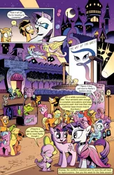 Size: 651x1000 | Tagged: safe, artist:andypriceart, derpibooru import, edit, idw, applejack, fluttershy, pinkie pie, rainbow dash, rarity, spike, twilight sparkle, dragon, earth pony, pegasus, pony, unicorn, comic:friendship is dragons, spoiler:comic, background pony, background pony audience, canterlot, clothes, comic, crescent moon, dialogue, dress, exclamation point, eyes closed, female, flying, interrobang, male, mane seven, mane six, mare, moon, night, open mouth, question mark, stallion, text edit, thinking, unicorn twilight