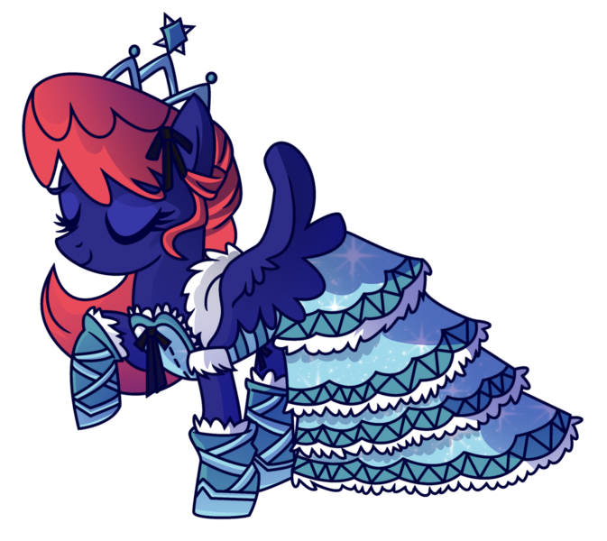 Size: 2486x2215 | Tagged: safe, artist:kirkechan, derpibooru import, oc, oc:threadwing, unofficial characters only, pegasus, pony, clothes, crossdressing, dress, fake hair, jewelry, pegasus oc, shoes, simple background, tiara, wings
