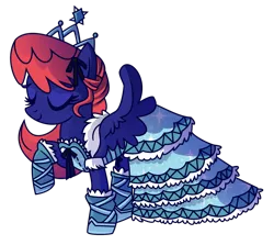 Size: 2486x2215 | Tagged: safe, artist:kirkechan, derpibooru import, oc, oc:threadwing, unofficial characters only, pegasus, pony, clothes, crossdressing, dress, fake hair, jewelry, pegasus oc, shoes, simple background, tiara, wings