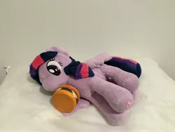 Size: 4032x3024 | Tagged: safe, derpibooru import, twilight sparkle, twilight sparkle (alicorn), alicorn, pony, 4de, borgarposting, bread, burger, burgie, cheese, cheeseburger, customization, cute, eating, female, food, hamburger, irl, lazy, lying down, mare, meat, my little pony logo, photo, pillow, plushie, plushie eating a plushie, ponies eating meat, side, smiling, solo, sweet dreams fuel, that pony sure does love burgers, tomato, twiabetes, twilight burgkle, wing hold