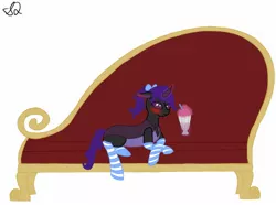 Size: 1610x1196 | Tagged: artist:snow quill, blushing, changeling, changeling oc, clothes, couch, derpibooru import, magic, milkshake, oc, purple changeling, safe, simple background, socks, solo, striped socks, unofficial characters only, white background