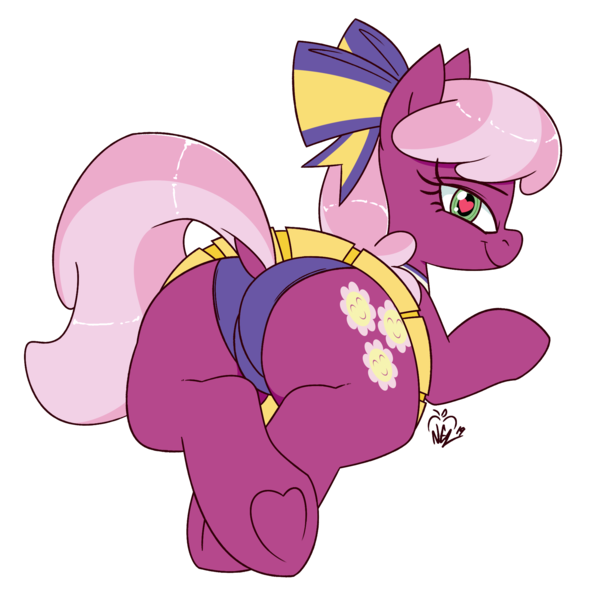 Size: 2000x2000 | Tagged: suggestive, artist:notenoughapples, derpibooru import, cheerilee, earth pony, pony, butt, cheerileeder, cheerleader, cheerleader outfit, clothes, dock, flowerbutt, heart eyes, looking at you, looking back, looking back at you, panties, simple background, solo, transparent background, underhoof, underwear, wingding eyes