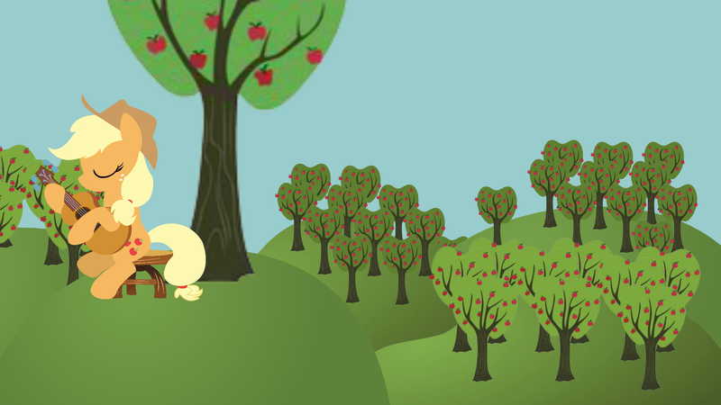 Size: 1920x1080 | Tagged: safe, artist:thunder-blur, derpibooru import, applejack, earth pony, pony, apple, apple tree, cowboy hat, desktop background, eyes closed, female, guitar, hat, hooves, lineless, mare, minimalist, modern art, musical instrument, silhouette, sitting, solo, tree, wallpaper