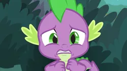 Size: 1280x720 | Tagged: safe, derpibooru import, screencap, spike, dragon, the big mac question, claws, fangs, looking at you, male, nervous, tail, winged spike