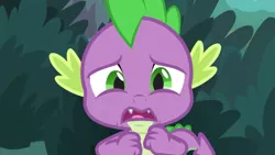 Size: 1280x720 | Tagged: safe, derpibooru import, screencap, spike, dragon, the big mac question, claws, looking at you, male, nervous, solo, tail, winged spike