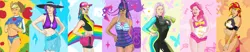 Size: 10410x2160 | Tagged: suggestive, artist:ponyhiall, derpibooru import, applejack, fluttershy, pinkie pie, rainbow dash, rarity, sci-twi, sunset shimmer, twilight sparkle, butterfly, human, equestria girls, equestria girls series, apple, armband, armpits, beach clothes, beach wrap, big breasts, bikini, bikini top, bow, bra, bracelet, breasts, brooch, candy, candy cane, cap, chaplain, clothes, diving suit, ear piercing, earring, flower, food, frown, gem, glasses, hairpin, hat, humane five, humane seven, humane six, jewelry, ms paint, one-piece swimsuit, paint.net, piercing, pose, rainbow, shorts, skirt, sleeveless, smiling, smirk, stars, sun, sunglasses, swimsuit, towel, underwear, wetsuit