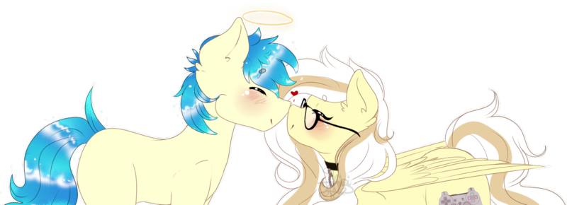 Size: 1485x538 | Tagged: safe, artist:shiroikitten, derpibooru import, oc, oc:ivoryquest, unofficial characters only, earth pony, pegasus, pony, female, glasses, halo, male, mare, nuzzling, oc x oc, shipping, simple background, stallion, straight, transparent background