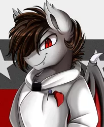 Size: 1446x1764 | Tagged: safe, artist:pridark, derpibooru import, oc, oc:star clad, unofficial characters only, bat pony, pony, bat pony oc, bat wings, bust, clothes, commission, hair over one eye, hoodie, looking at you, male, portrait, red eyes, smiling, solo, wings