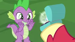 Size: 1280x720 | Tagged: big macintosh, claws, context is for the weak, cute, derpibooru import, dragon, drool, fangs, folded wings, greed spike, greedy, jewelry, male, out of context, ring, safe, screencap, spike, tail, temptation, the big mac question, unshorn fetlocks, want, wedding ring, wiggling fingers, winged spike, wings