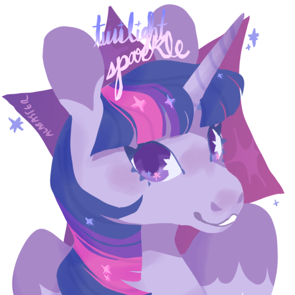 Size: 1280x1280 | Tagged: safe, artist:alabasterpeony, derpibooru import, part of a set, twilight sparkle, twilight sparkle (alicorn), alicorn, pony, blushing, bust, cutie mark background, cutie mark eyes, ethereal mane, female, looking at you, mare, simple background, smiling, solo, starry eyes, starry mane, transparent background, wingding eyes